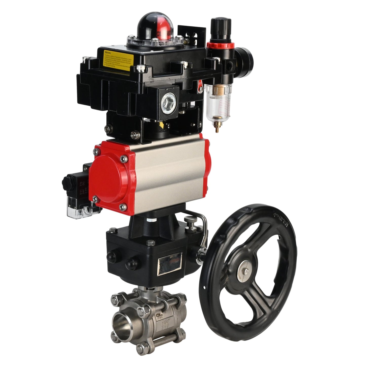 Stainless steel ball valve DNOVA BVPP 316.200-ISO PSI914 SS316 full port, for welding, body material - stainless steel, pneumatic actuator DNOVA DA, pneumatic distributor 4M310-08 24 V, limit switch block APL-410N EX, manual override HDM, air
