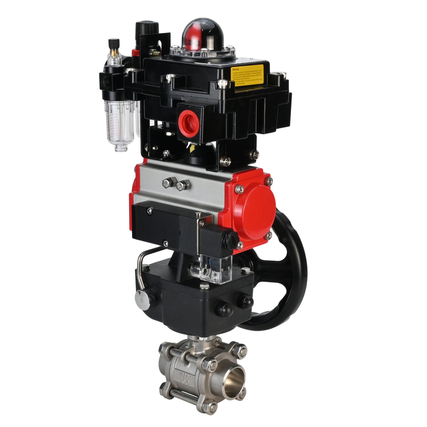 Stainless steel ball valve DNOVA BVPP 316.200-ISO PSI914 SS316 full port, for welding, body material - stainless steel, pneumatic actuator DNOVA DA, pneumatic distributor 4M310-08 24 V, limit switch block APL-410N EX, manual override HDM, air