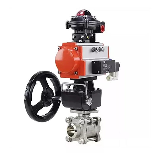 Ball valves DNOVA BV3232P(3pc)-FP-W-ISO-H DN10-50 16 bar/40, full bore for welding, stainless steel SS316, PTFE, with double-acting PA-DA pneumatic actuator, with pneumatic distributor 4V320-08 220V, with BKV APL-410N EX, with manual Doubler MON1-250-T