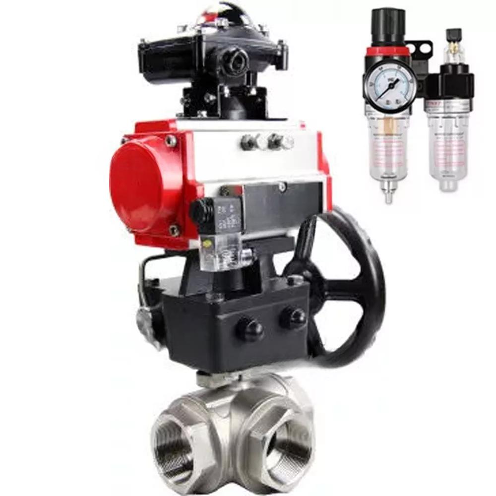 Vannes à boisseau sphérique DNOVA BV3232P-SP-3L-T à trois voies en L, fileté, corps - acier inoxydable SS316, joint - PTFE, avec actionneur pneumatique PA-DA-052-083 distributeur pneumatique 4V320-10 réducteur MON BPV AFC2000 BKV APL-510N-EX