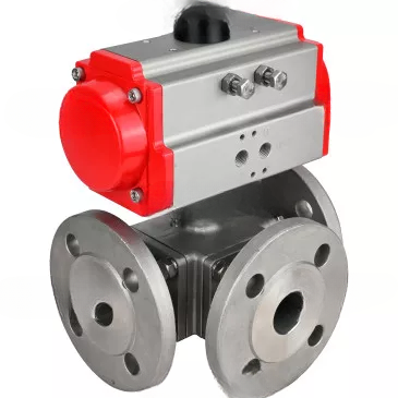 Ball valves DNOVA BV3232P(4pc)-FP-3WL-F-ISO-H 16 bar full bore, flanged, body - stainless steel SS316, ISO flange F03/F04-F10/F12, square 9x9-19x19, with pneumatic drive DNOVA PA-DA double action