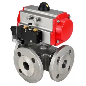 Ball valves DNOVA BV3232P(4pc)-FP-3WL-F-ISO-H 16 bar full bore, flanged, body - stainless steel SS316, ISO flange F03/F04-F10/F12, square 9x9-19x19, with pneumatic drive PA-DA double acting and pneumatic distributor 4M310-08 220V