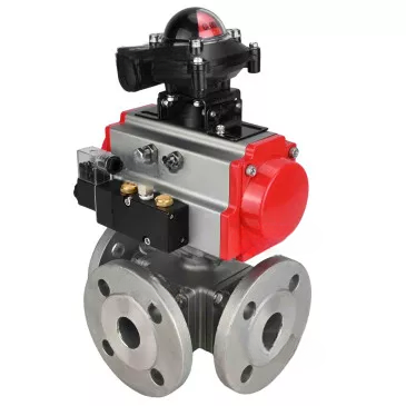 Ball valves DNOVA BV3232P(4pc)-FP-3WL-F-ISO-H 16 bar full bore, flanged, body - stainless steel SS316, ISO flange F03/F04-F10/F12, square 9x9-19x19, with pneumatic drive PA-DA, pneumatic distributor 4M310-08 220V and BKV APL-210N