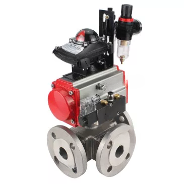 Ball valves DNOVA BV3232P(4pc)-FP-3WL-F-ISO-H 16 bar full bore, flanged, body - stainless steel SS316, ISO flange F03/F04-F10/F12, square 9x9-19x19, with pneumatic drive PA-DA, pneumatic distributor 4M310-08 220V, BKV APL-210N and BPV AFC20