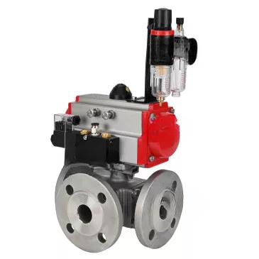 Ball valves DNOVA BV3232P(4pc)-FP-3WL-F-ISO-H 16 bar full bore, flanged, body - stainless steel SS316, ISO flange F03/F04-F10/F12, square 9x9-19x19, with pneumatic drive PA-DA double acting, pneumatic valve 4M310-08 220V and BPV A