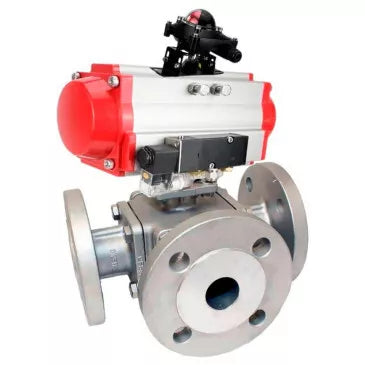 Ball valves DNOVA BV3232P(4pc)-FP-3WL-F-ISO-H 16 bar full bore, flanged, body - stainless steel SS316, ISO flange F03/F04-F10/F12, square 9x9-19x19, with pneumatic drive PA-DA, pneumatic distributor 4V320-10 220V and BKV APL-210N
