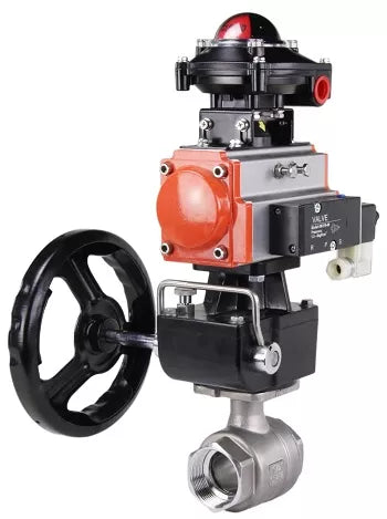 Ball valves DNOVA BV3232P(2pc)-FP-T-ISO-H 16 bar, full bore coupling, stainless steel SS316, seal - PTFE, with double-acting PA-DA pneumatic actuator, with pneumatic distributor 4M310-08 220V, with BKV APL -410N EX, with manual Doubler MON1-250