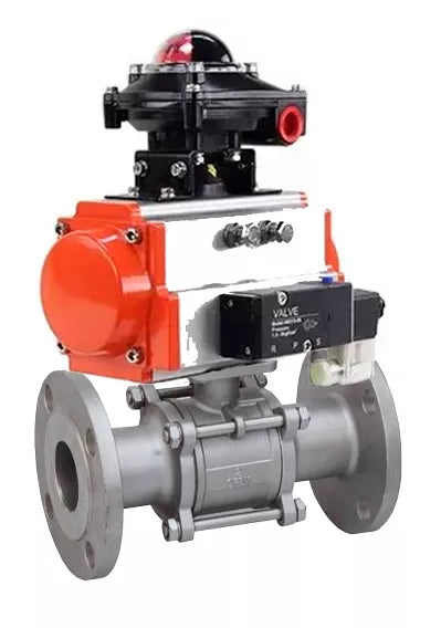 Ball valves DNOVA BV3232P(3pc)-FP-F-ISO-H 16 bar, three-piece full bore flanged, stainless steel SS304, PTFE, with pneumatic actuator PA-SA with return springs, with pneumatic distributor 4V320-08 220V, with BKV APL -410N EX, with BPV AFC2000