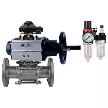 Ball valves DNOVA BV3131P(3pc)-FP-F-ISO-H DN65-80 16 bar, three-piece full bore flanged, stainless steel SS304, seal - PTFE, with pneumatic actuator PA-DA-105-1 double acting, with pneumatic distributor 4V320-08 220V, with BKV APL-210N, with BPV AFC2