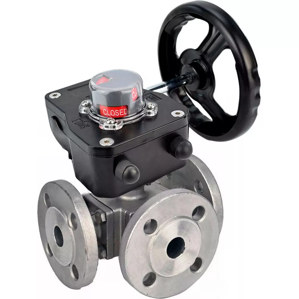 Ball valves DNOVA BV3232P(4pc)-FP-3WL-F-ISO-H full bore three-way, stainless steel SS316, flanged, seal - PTFE, with reducer DNOVA HGB RQNx-xZ
