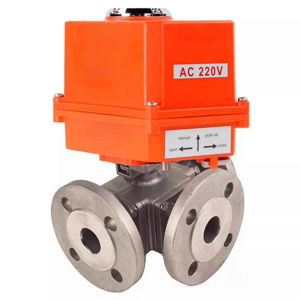 Ball valves DNOVA BV3232P(4pc)-FP-3WL-F-ISO-H full bore three-way, stainless steel SS316, flanged, seal - PTFE, with quarter-turn electric drive DNOVA QT-N-EM-B1-220VAC-U1