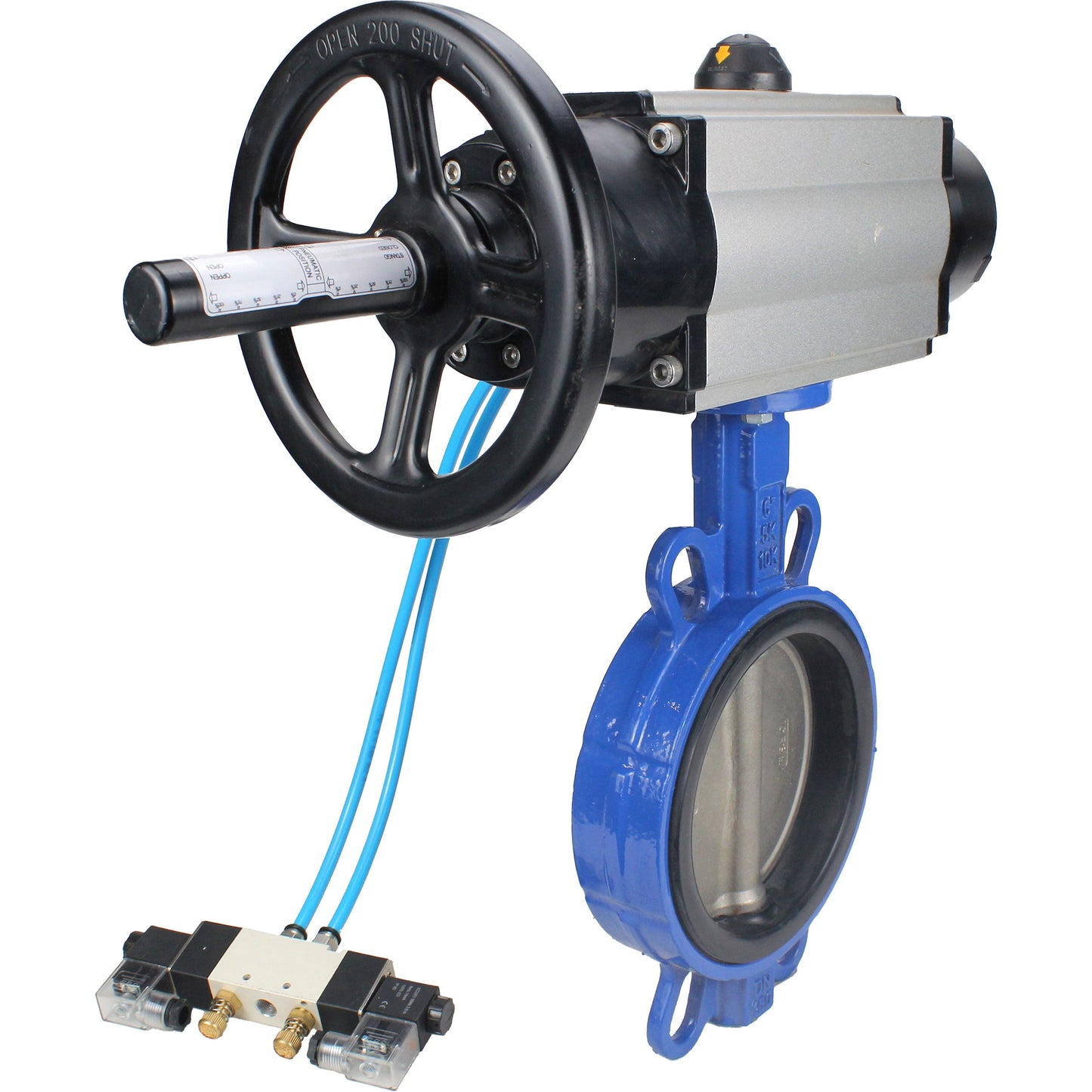 Water Butterfly Valve DNOVA WBV1132N-2W-Fb body material - Cast iron GG25/EN-GJL-250, disk material - Stainless steel AISI 316L/1.4404, seal - NBR with pneumatic actuator double acting PA-DA-105-1, pneumatic distributor 4V320-08 220V