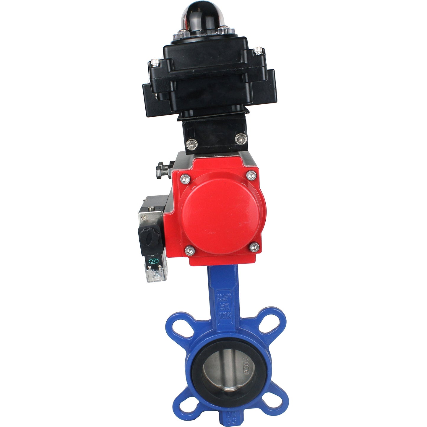 Water butterfly valve DNOVA GG25-316L-NBR body material - cast iron GG25, disk material - stainless steel 316L, seal - NBR with pneumatic actuator DA, pneumatic distributor 4M310-08 24V and limit switch block APL-410N EX