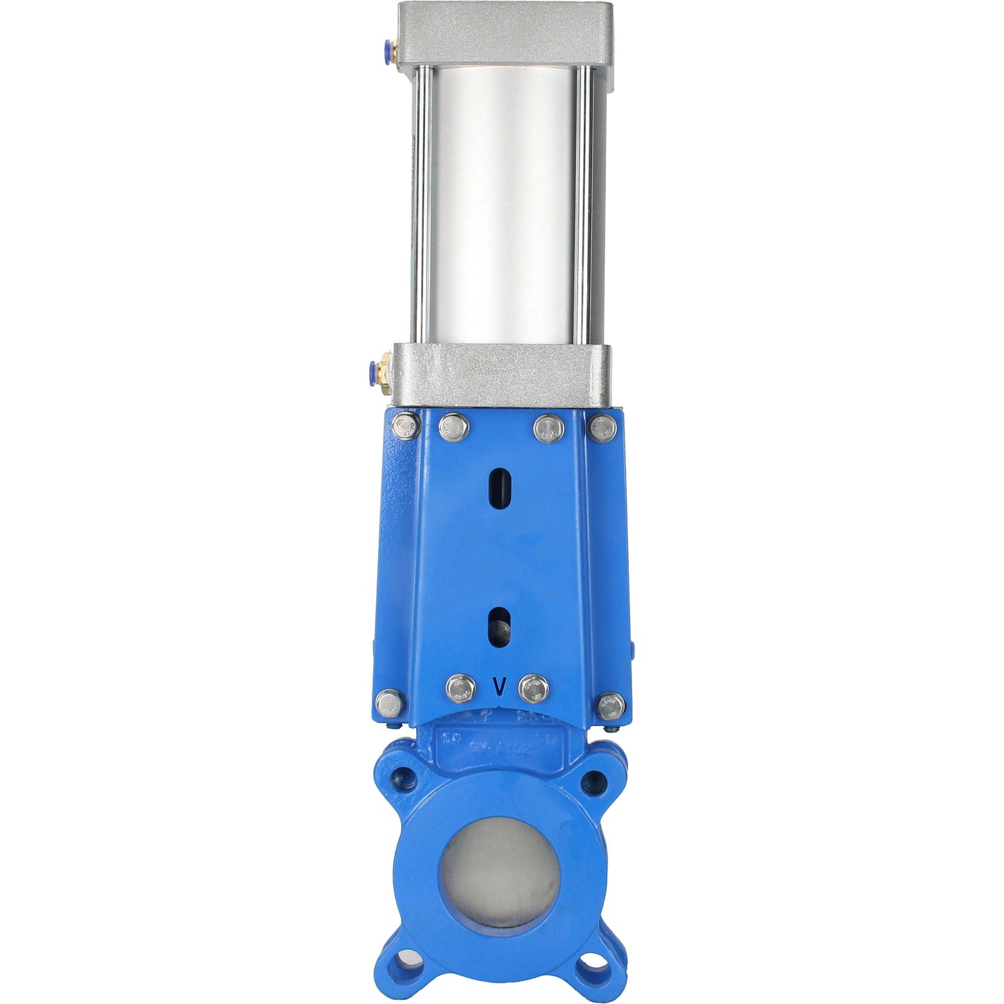 Knife gate valve DNOVA GVKR3131M-1W-Fb-2P, body material - stainless steel AISI 304, knife material - stainless steel AISI 304, seal - metal, pneumatic actuator