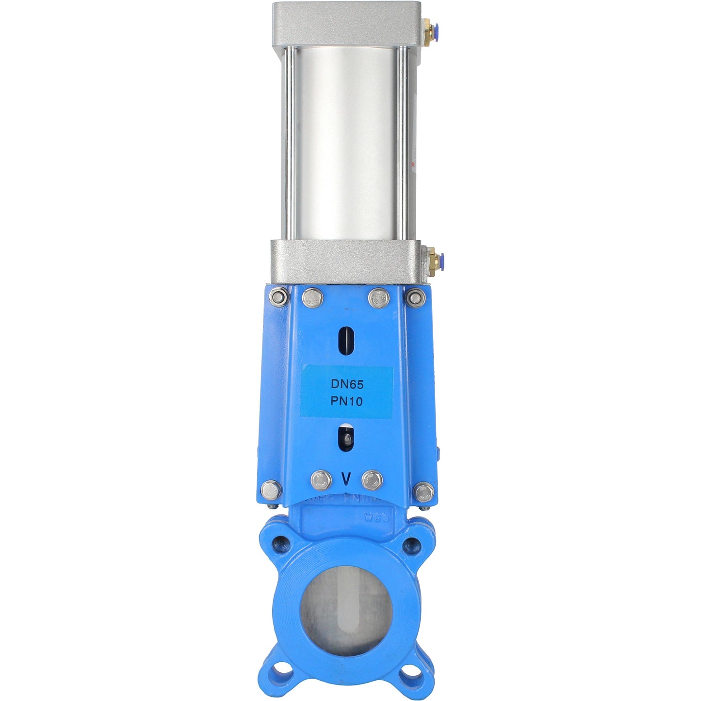 Knife gate valve DNOVA GVKR3131M-1W-Fb-2P, body material - stainless steel AISI 304, knife material - stainless steel AISI 304, seal - metal, pneumatic actuator