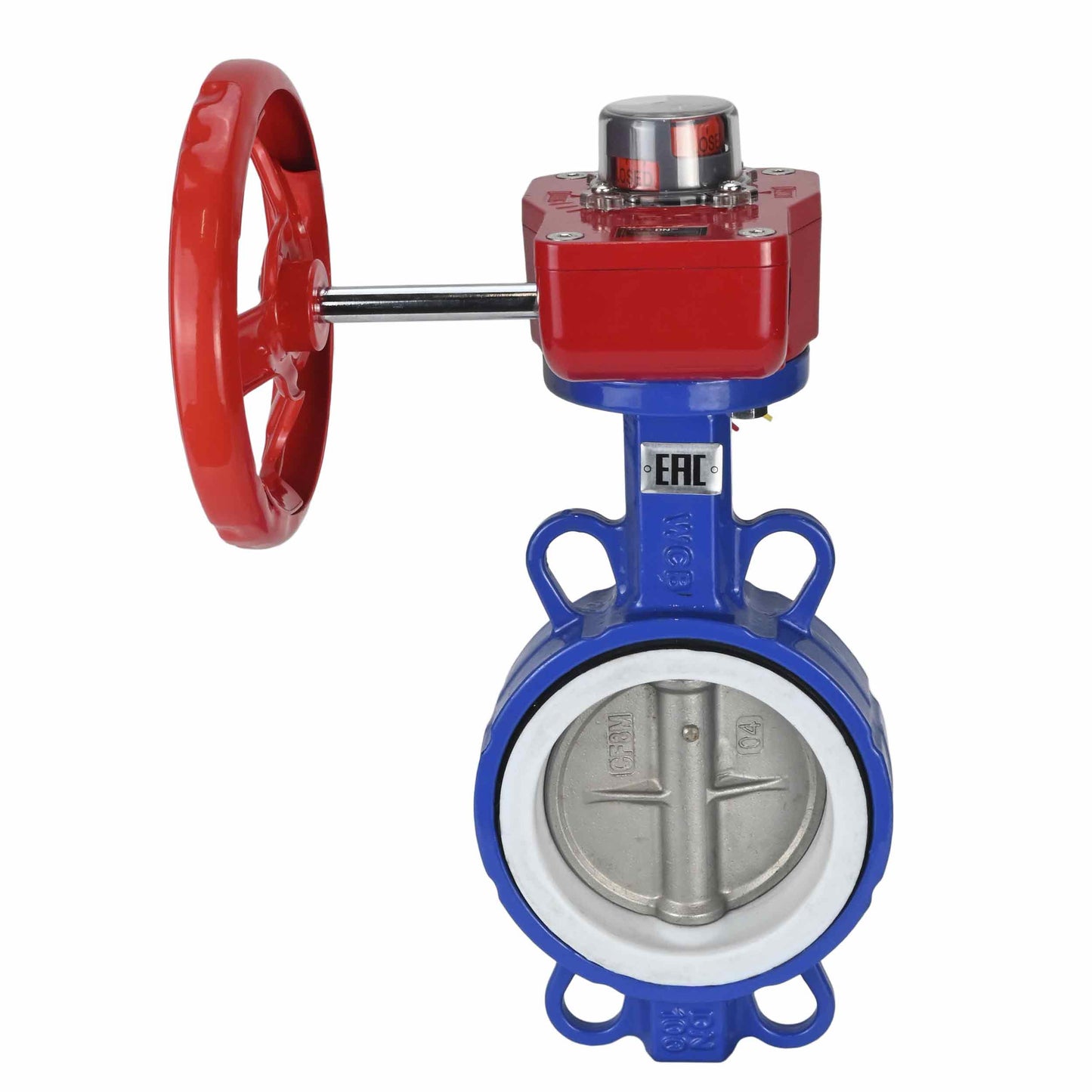 Válvula de mariposa de agua DNOVA WCB-316L-PTFE-HGBF, material del cuerpo - acero al carbono WCB, material del disco - acero inoxidable AISI 316L, sello - PTFE, operada por engranajes