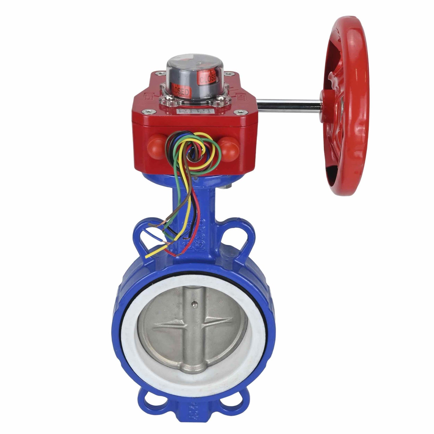 Válvula de mariposa de agua DNOVA WCB-316L-PTFE-HGBF, material del cuerpo - acero al carbono WCB, material del disco - acero inoxidable AISI 316L, sello - PTFE, operada por engranajes