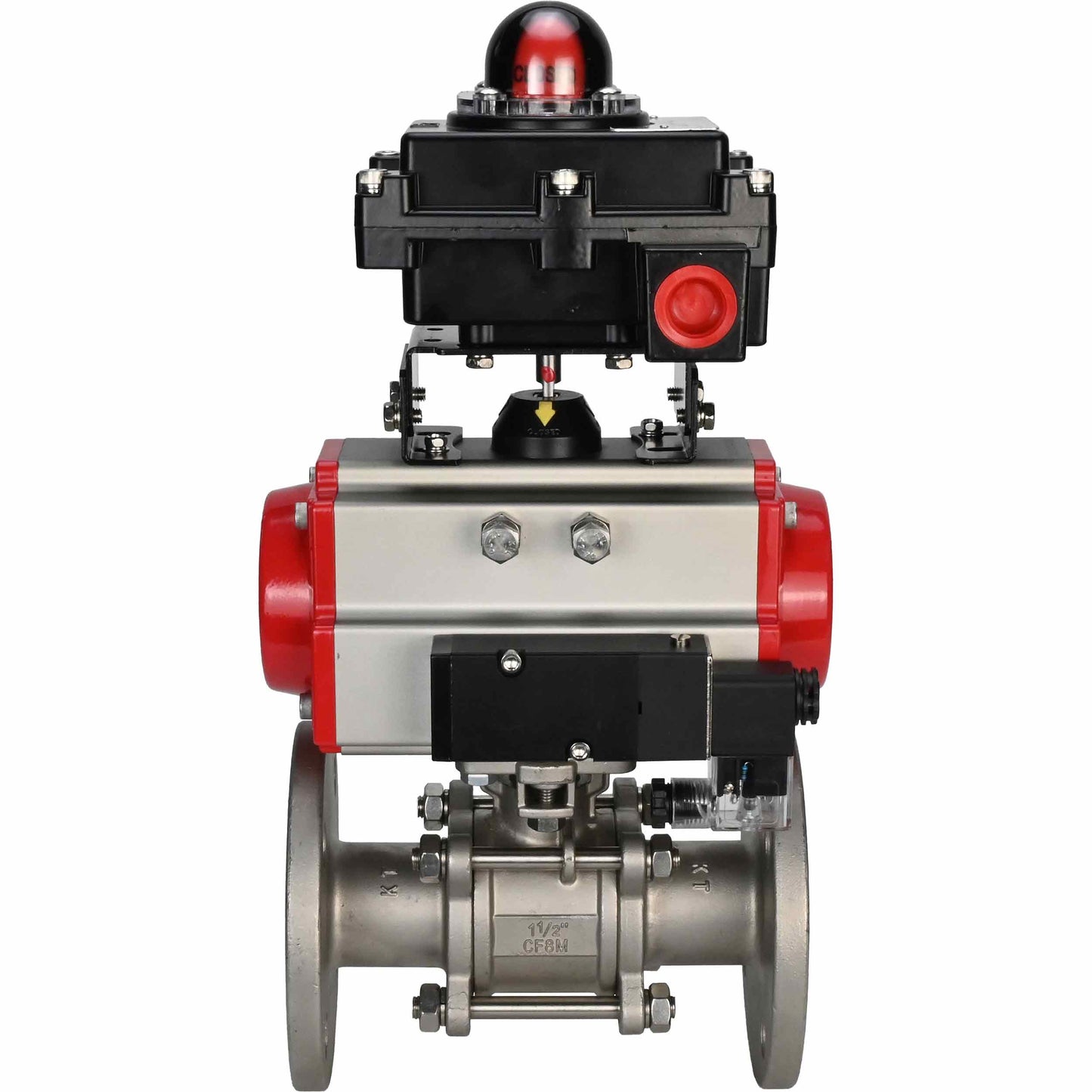 Stainless steel ball valve DNOVA BVFPT-ISO.316.180 three-part, body material - stainless steel SS316, seal - PTFE, flanged, full port, pneumatic actuator DNOVA DA, pneumatic distributor 4M310-08 24 V, limit switch block APL-410N EX
