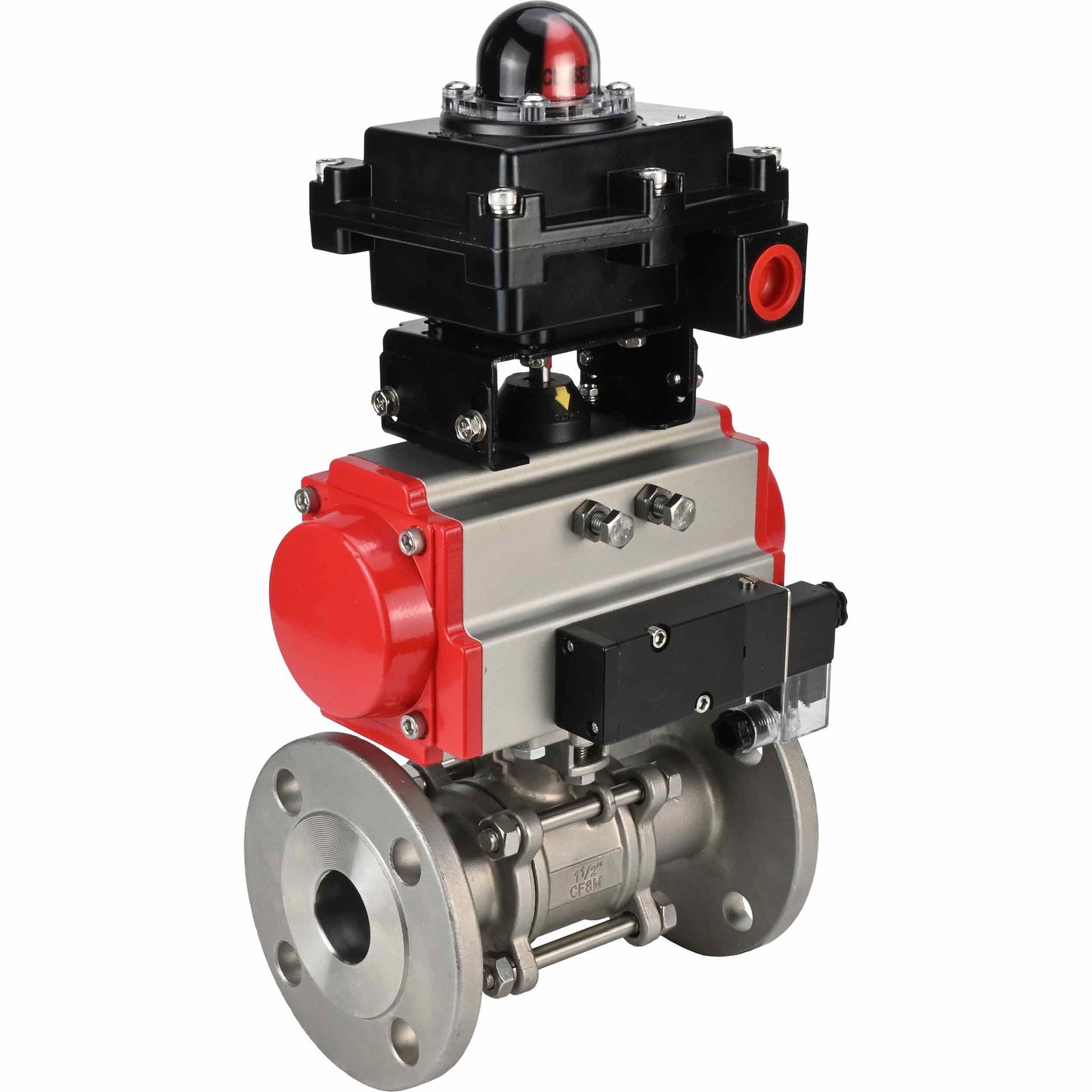 Stainless steel ball valve DNOVA BVFPT-ISO.316.180 three-part, body material - stainless steel SS316, seal - PTFE, flanged, full port, pneumatic actuator DNOVA DA, pneumatic distributor 4M310-08 220 V, limit switch block APL-410N EX
