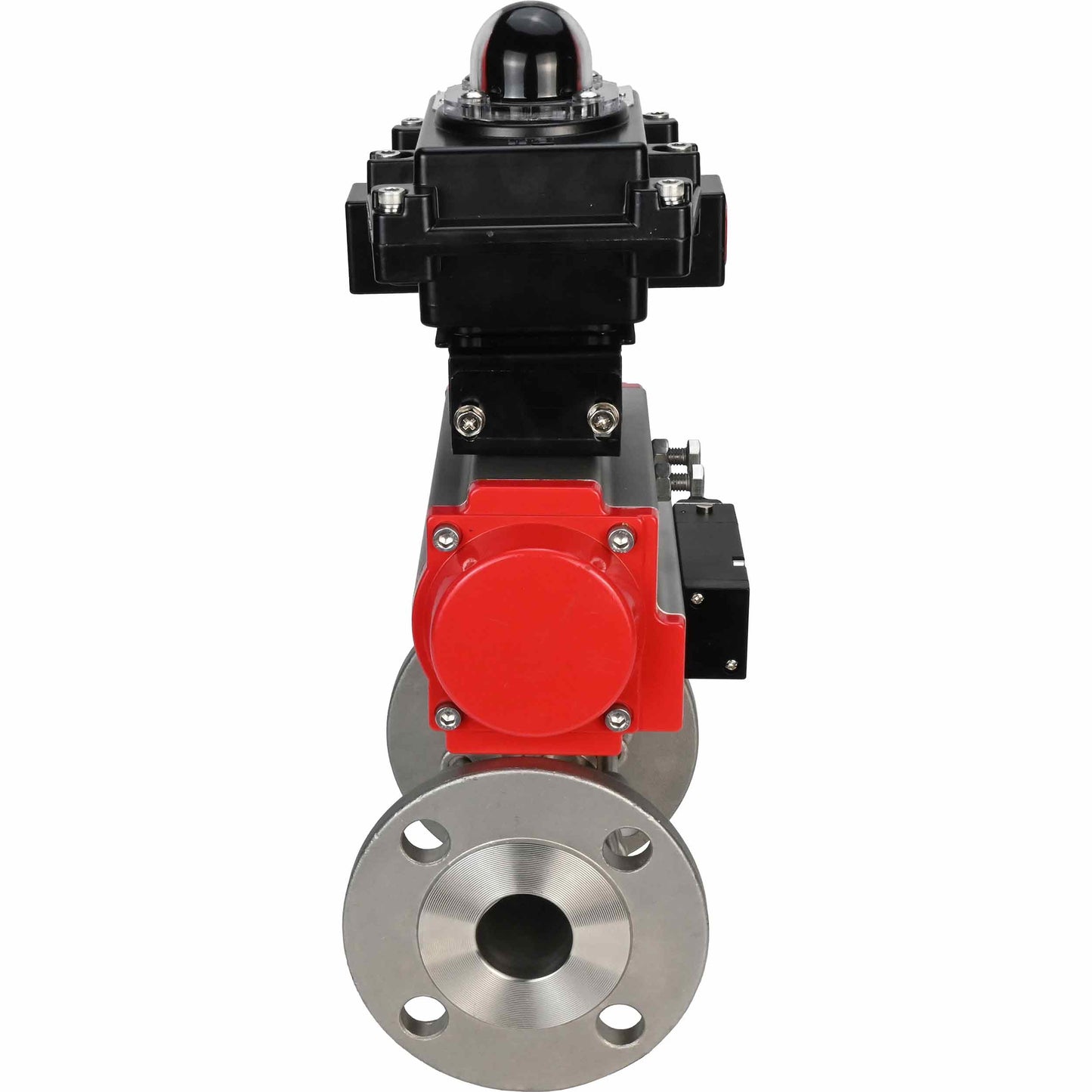 Stainless steel ball valve DNOVA BVFPT-ISO.316.180 three-part, body material - stainless steel SS316, seal - PTFE, flanged, full port, pneumatic actuator DNOVA DA, pneumatic distributor 4M310-08 24 V, limit switch block APL-410N EX