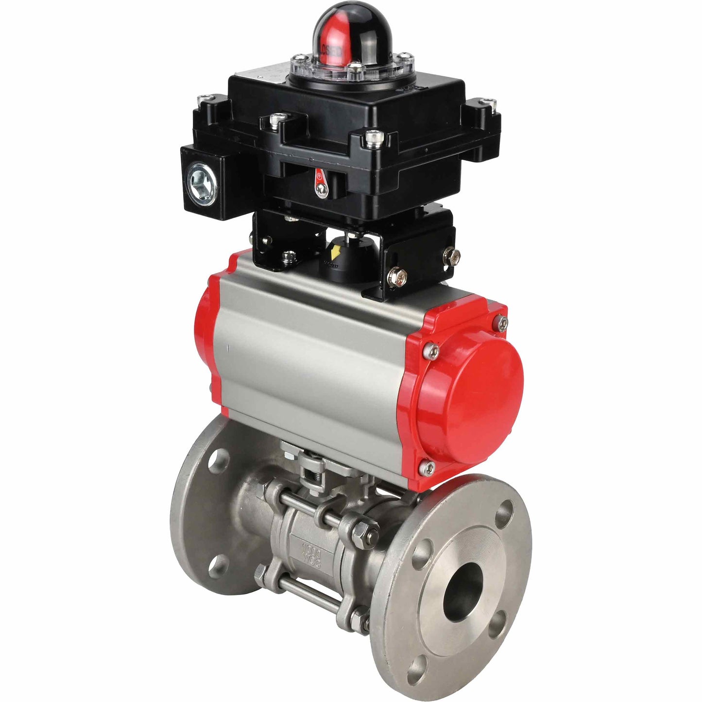 Stainless steel ball valve DNOVA BVFPT-ISO.304.180 three-part, body material - stainless steel SS304, seal - PTFE, flanged, full port, pneumatic actuator DNOVA DA, pneumatic distributor 4M310-08 24 V, limit switch block APL-410N EX