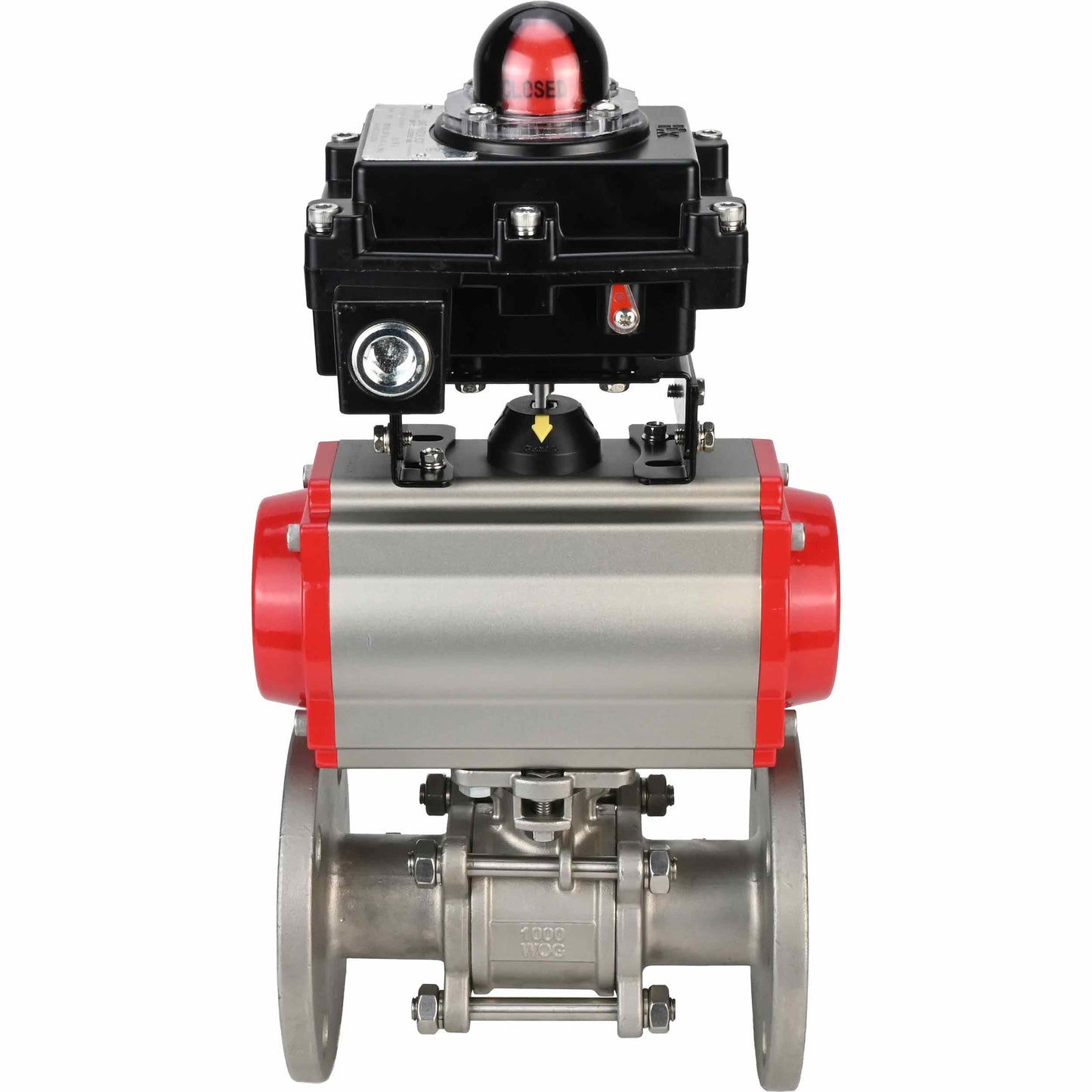 Stainless steel ball valve DNOVA BVFPT-ISO.304.180 three-part, body material - stainless steel SS304, seal - PTFE, flanged, full port, pneumatic actuator DNOVA DA, pneumatic distributor 4M310-08 220 V, limit switch block APL-410N EX