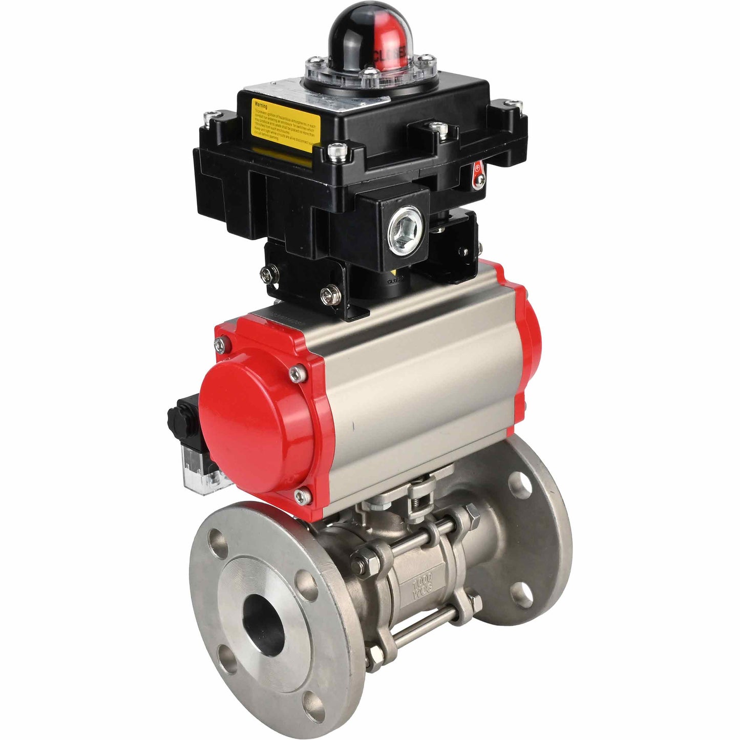 Stainless steel ball valve DNOVA BVFPT-ISO.316.180 three-part, body material - stainless steel SS316, seal - PTFE, flanged, full port, pneumatic actuator DNOVA DA, pneumatic distributor 4M310-08 24 V, limit switch block APL-410N EX