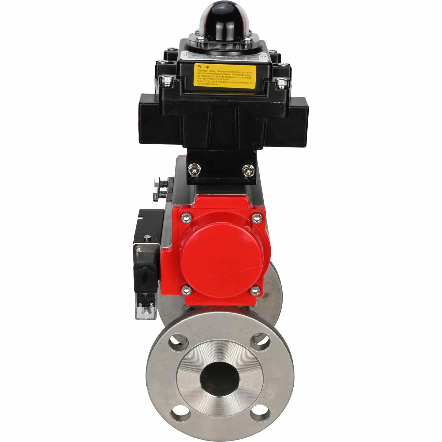 Stainless steel ball valve DNOVA BVFPT-ISO.304.180 three-part, body material - stainless steel SS304, seal - PTFE, flanged, full port, pneumatic actuator DNOVA DA, pneumatic distributor 4M310-08 24 V, limit switch block APL-410N EX