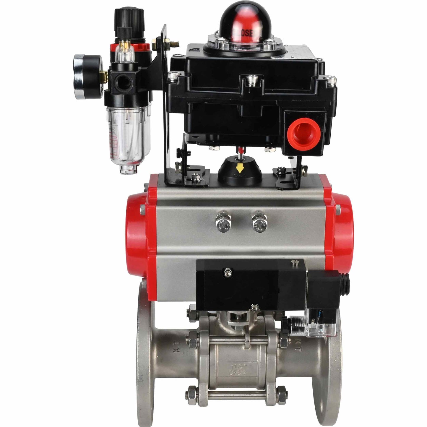 Stainless steel ball valve DNOVA BVFPT-ISO.316.180 three-part, body material - stainless steel SS316, seal - PTFE, flanged, full port, pneumatic actuator DNOVA DA, pneumatic distributor 4M310-08 220 V, limit switch block APL-410N EX, air