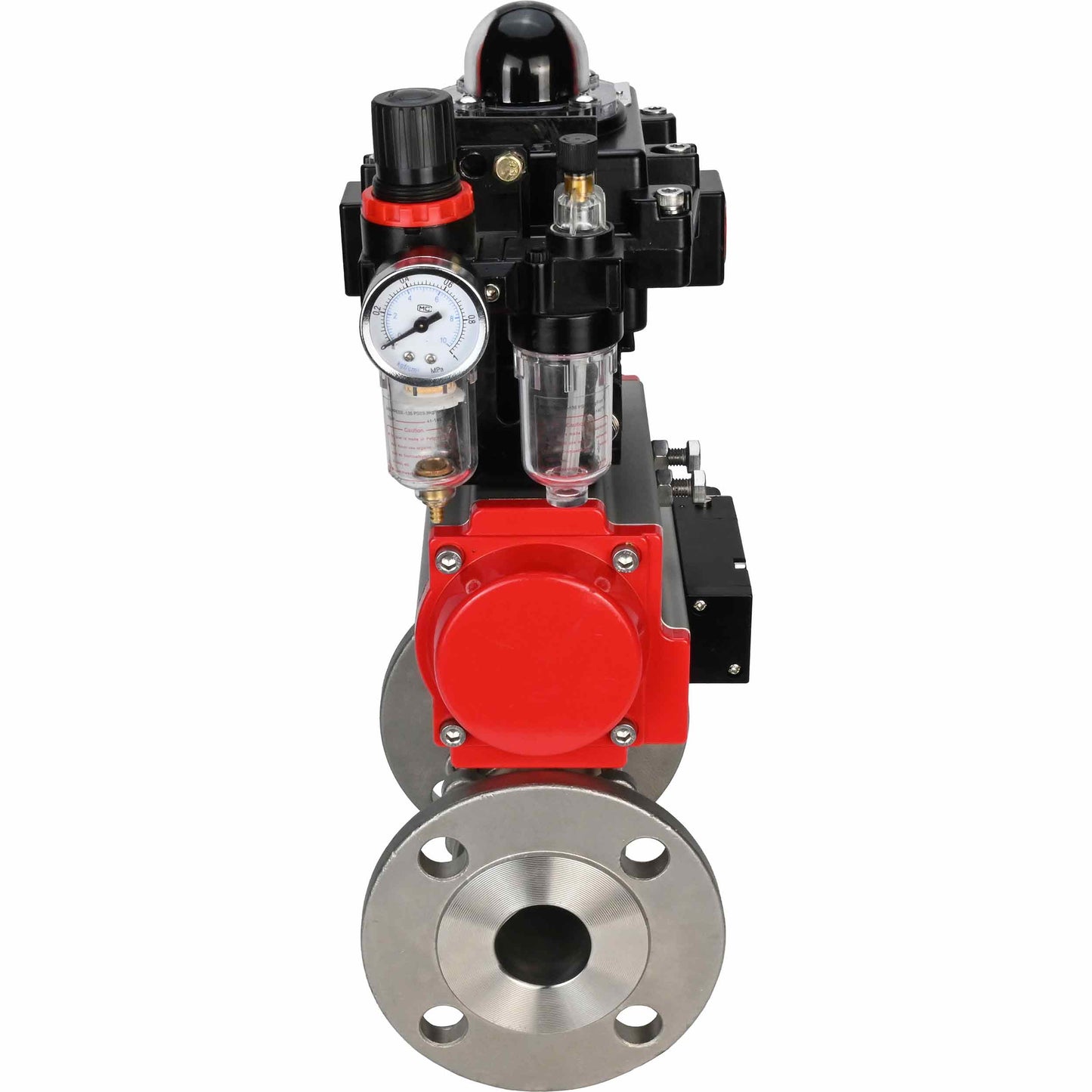 Stainless steel ball valve DNOVA BVFPT-ISO.316.180 three-part, body material - stainless steel SS316, seal - PTFE, flanged, full port, pneumatic actuator DNOVA DA, pneumatic distributor 4M310-08 24 V, limit switch block APL-410N EX, air