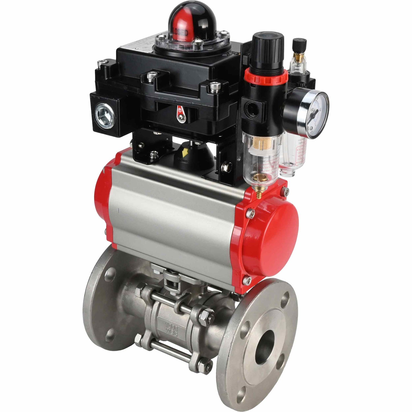 Stainless steel ball valve DNOVA BVFPT-ISO.316.180 three-part, body material - stainless steel SS316, seal - PTFE, flanged, full port, pneumatic actuator DNOVA DA, pneumatic distributor 4M310-08 220 V, limit switch block APL-410N EX, air