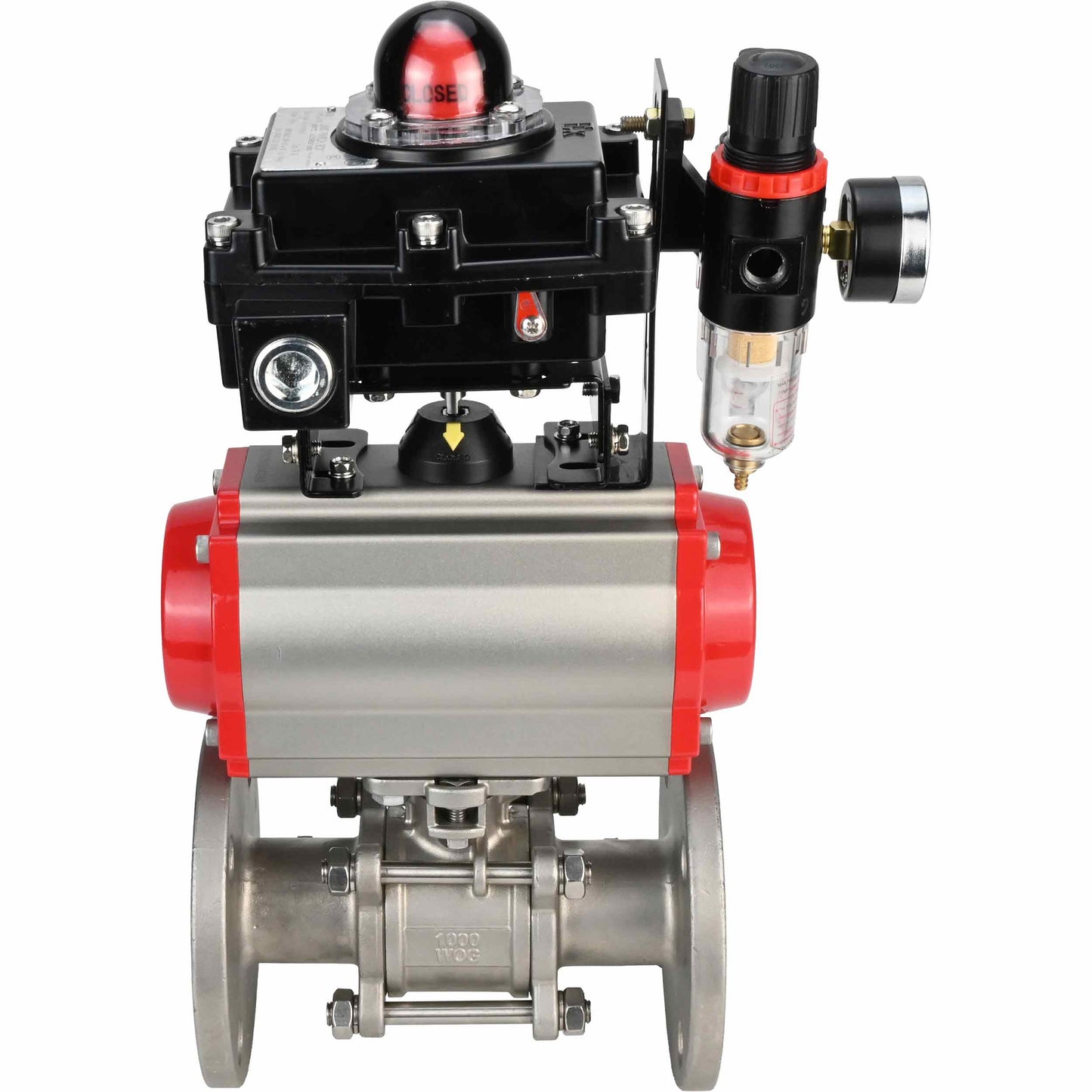 Stainless steel ball valve DNOVA BVFPT-ISO.316.180 three-part, body material - stainless steel SS316, seal - PTFE, flanged, full port, pneumatic actuator DNOVA DA, pneumatic distributor 4M310-08 24 V, limit switch block APL-410N EX, air