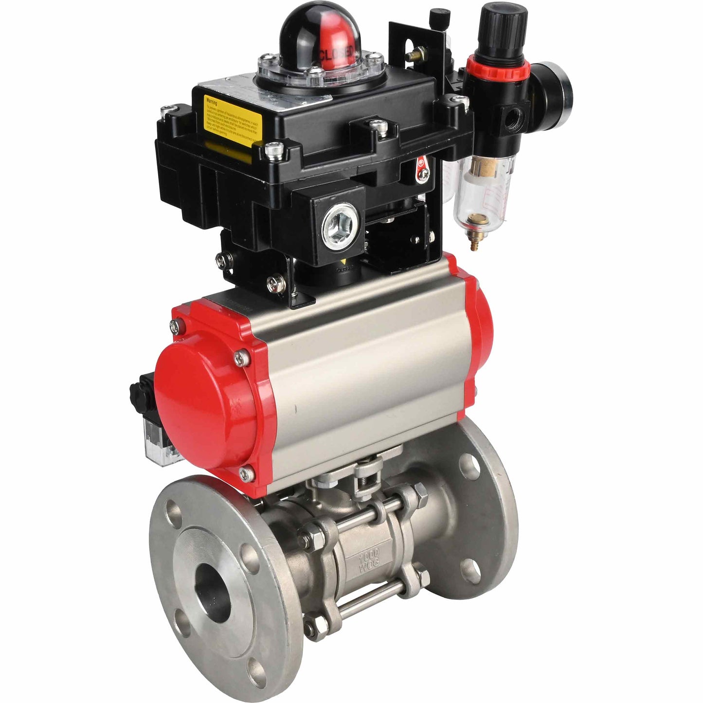Stainless steel ball valve DNOVA BVFPT-ISO.316.180 three-part, body material - stainless steel SS316, seal - PTFE, flanged, full port, pneumatic actuator DNOVA DA, pneumatic distributor 4M310-08 24 V, limit switch block APL-410N EX, air