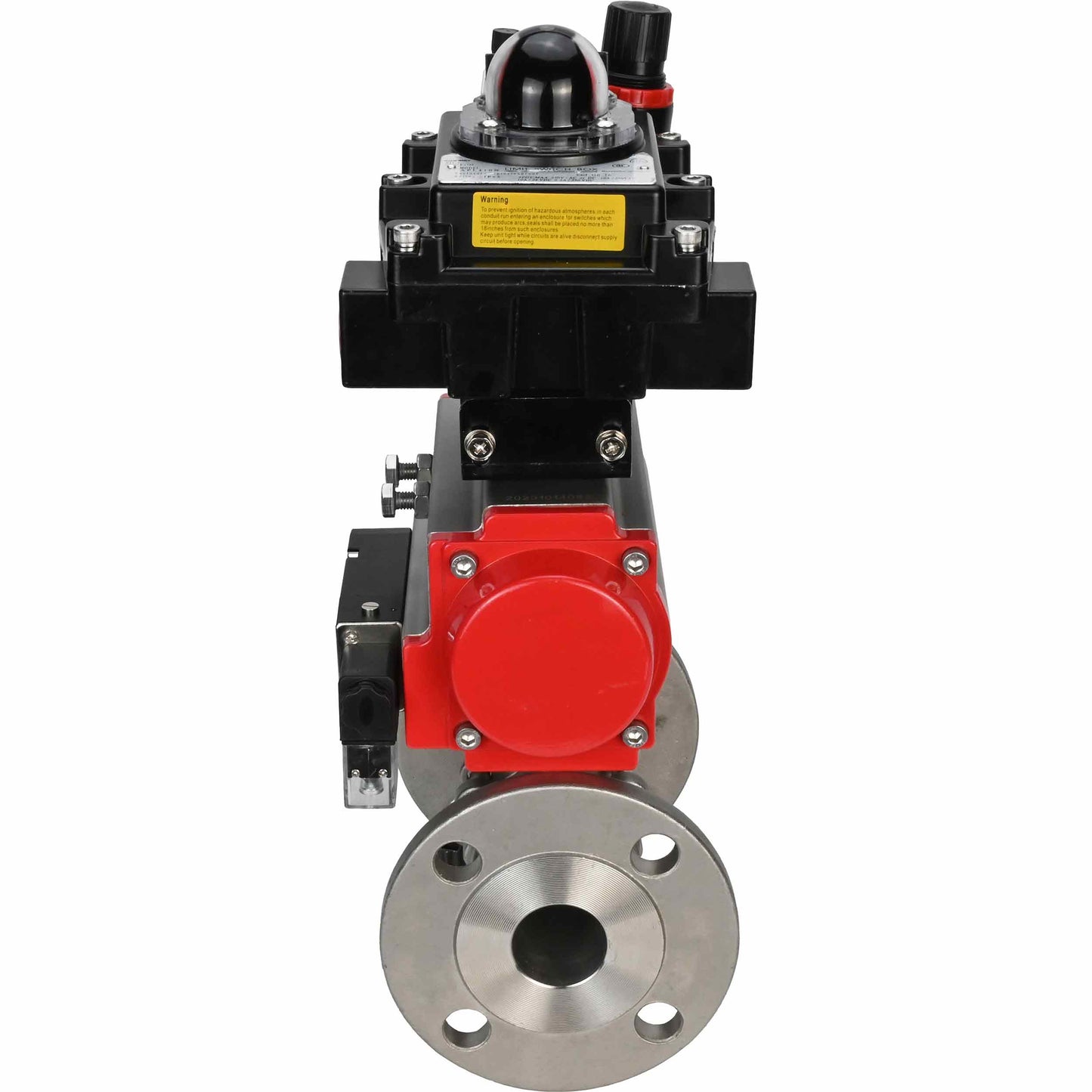 Stainless steel ball valve DNOVA BVFPT-ISO.316.180 three-part, body material - stainless steel SS316, seal - PTFE, flanged, full port, pneumatic actuator DNOVA DA, pneumatic distributor 4M310-08 24 V, limit switch block APL-410N EX, air
