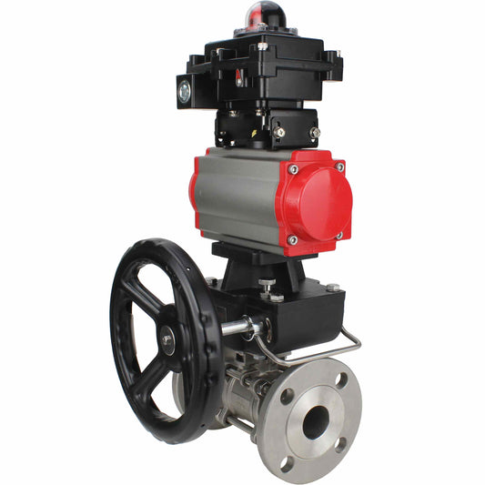 Stainless steel ball valve DNOVA BVFPT-ISO.316.180 three-part, body material - stainless steel SS316, seal - PTFE, flanged, full port, pneumatic actuator DNOVA DA, limit switch block APL-410N EX, manual override HDM