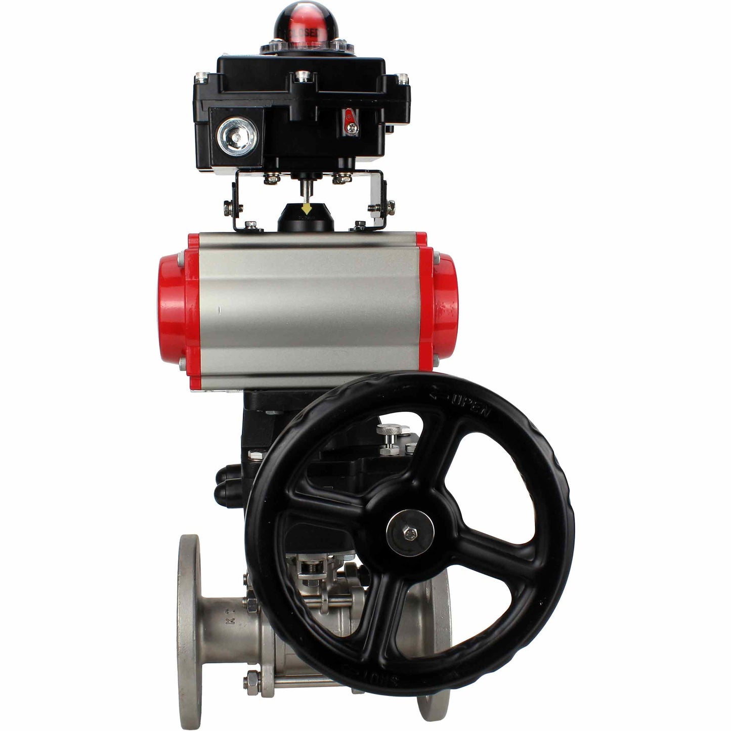 Stainless steel ball valve DNOVA BVFPT-ISO.304.180 three-part, body material - stainless steel SS304, seal - PTFE, flanged, full port, pneumatic actuator DNOVA DA, pneumatic distributor 4M310-08 24 V, limit switch block APL-410N EX, manual
