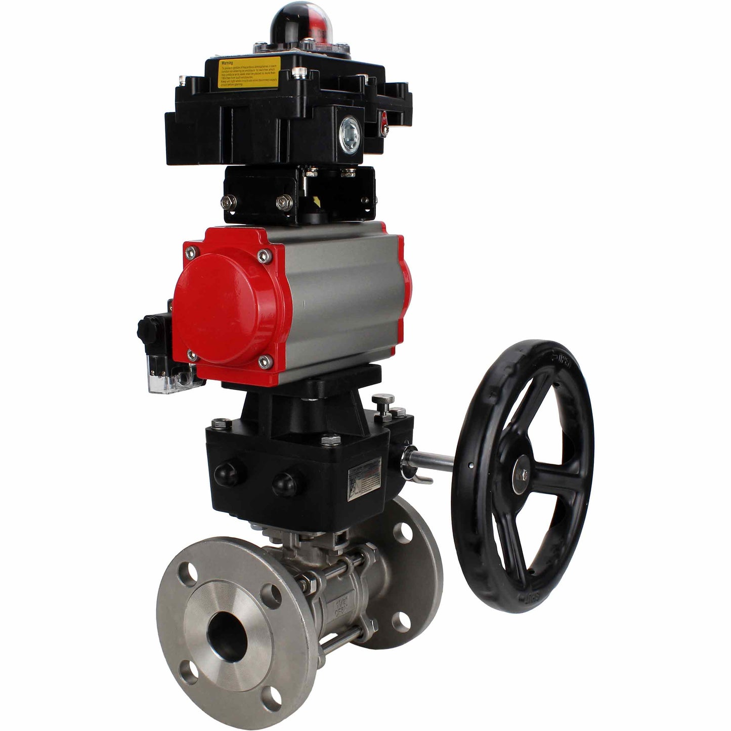 Stainless steel ball valve DNOVA BVFPT-ISO.304.180 three-part, body material - stainless steel SS304, seal - PTFE, flanged, full port, pneumatic actuator DNOVA DA, pneumatic distributor 4M310-08 24 V, limit switch block APL-410N EX, manual