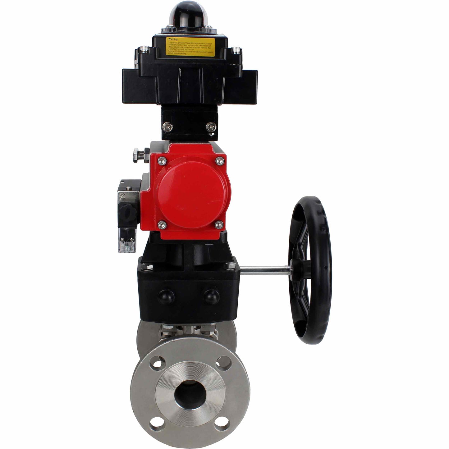 Stainless steel ball valve DNOVA BVFPT-ISO.316.180 three-part, body material - stainless steel SS316, seal - PTFE, flanged, full port, pneumatic actuator DNOVA DA, pneumatic distributor 4M310-08 24 V, limit switch block APL-410N EX, manual