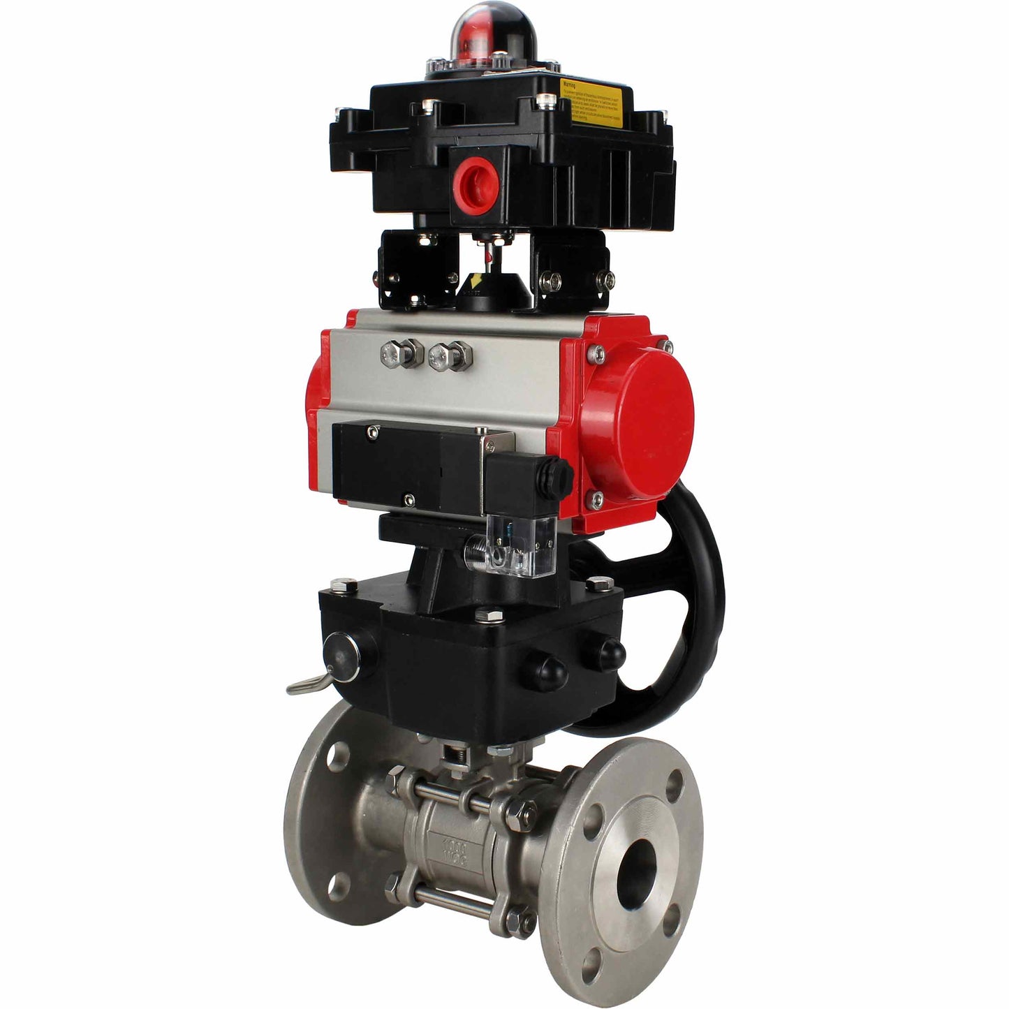 Stainless steel ball valve DNOVA BVFPT-ISO.304.180 three-part, body material - stainless steel SS304, seal - PTFE, flanged, full port, pneumatic actuator DNOVA DA, pneumatic distributor 4M310-08 24 V, limit switch block APL-410N EX, manual
