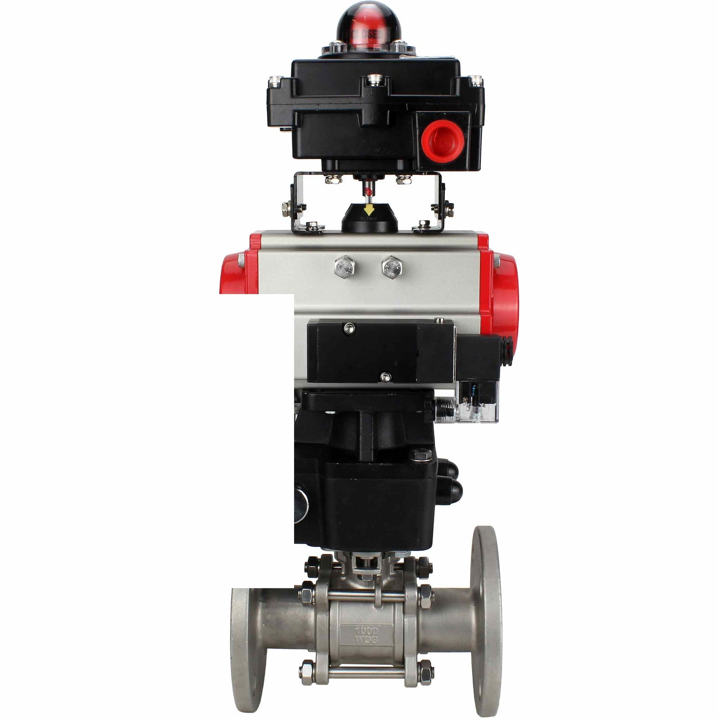 Stainless steel ball valve DNOVA BVFPT-ISO.316.180 three-part, body material - stainless steel SS316, seal - PTFE, flanged, full port, pneumatic actuator DNOVA DA, pneumatic distributor 4M310-08 24 V, limit switch block APL-410N EX, manual