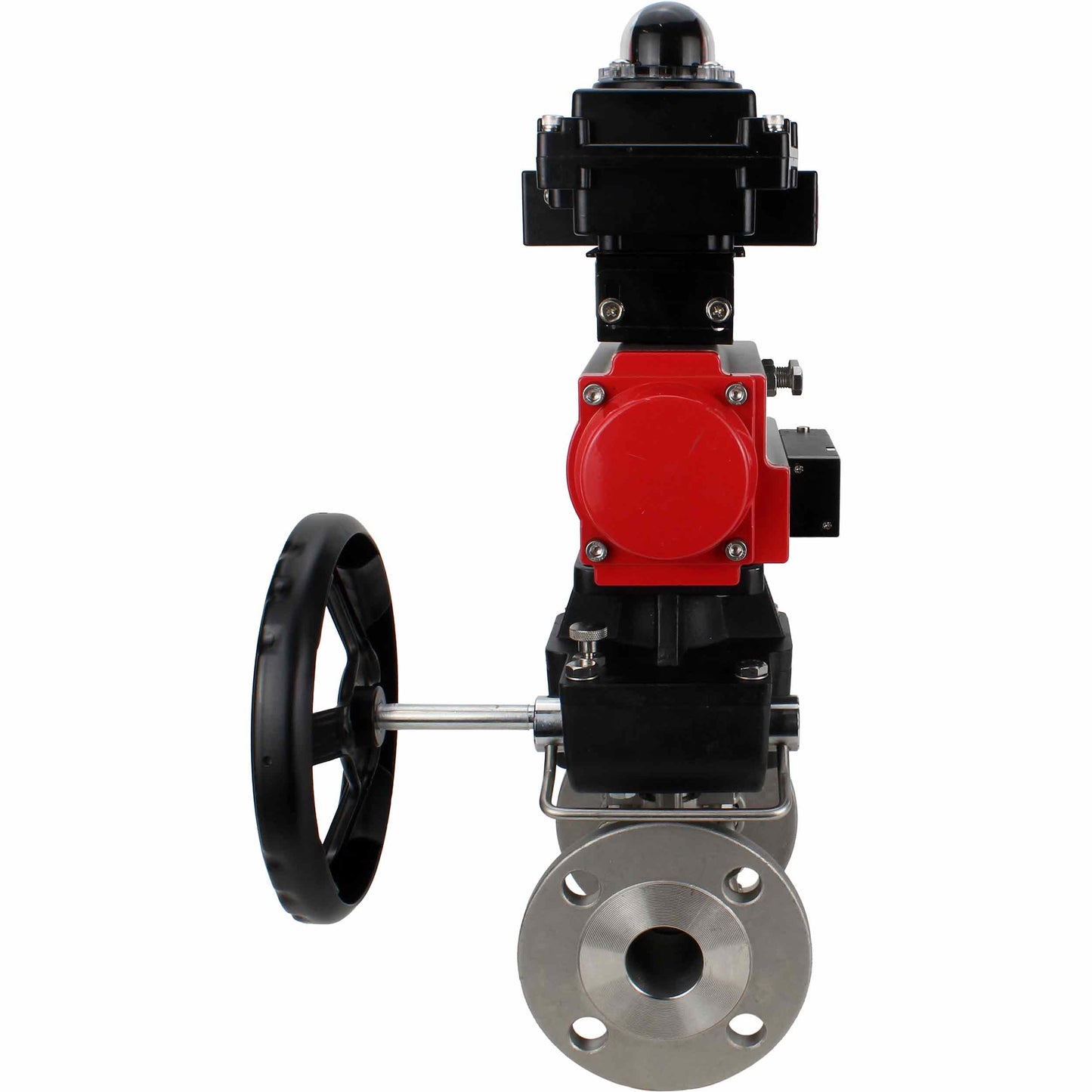 Stainless steel ball valve DNOVA BVFPT-ISO.304.180 three-part, body material - stainless steel SS304, seal - PTFE, flanged, full port, pneumatic actuator DNOVA DA, pneumatic distributor 4M310-08 24 V, limit switch block APL-410N EX, manual