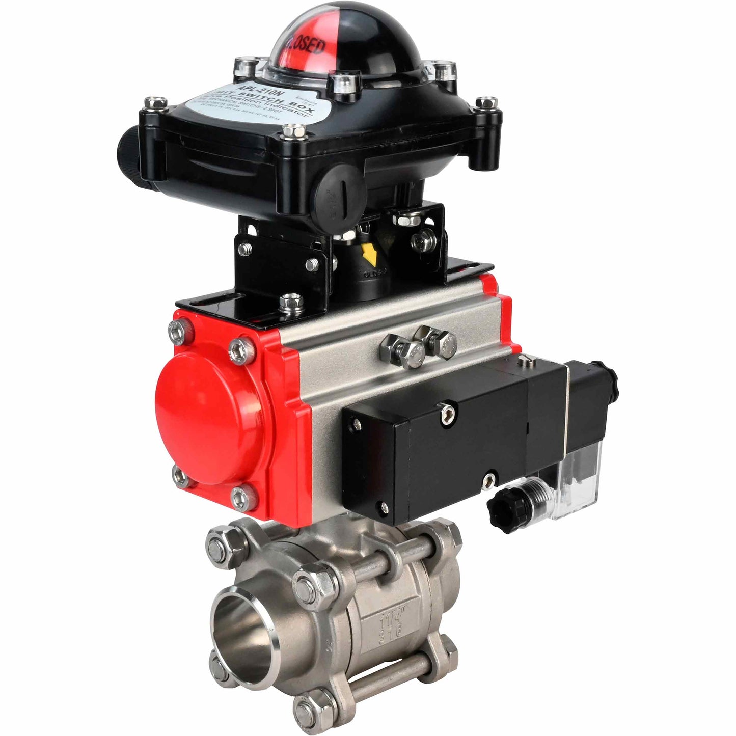 Stainless steel ball valve DNOVA kshpp-316200-da-4m310-24-apl210n, body material - stainless steel AISI 316, ball material - stainless steel AISI 316, seal - PTFE, pneumatic actuator operated