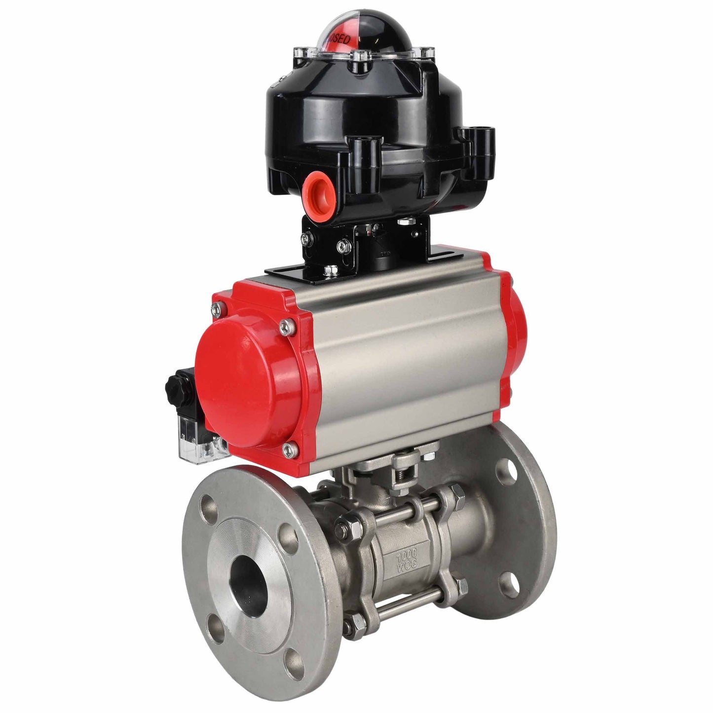 Ball valves DNOVA BV3131P(3pc)-FP-F-ISO-H flanged, full bore, three-piece, body - stainless steel SS304, seal - PTFE, with pneumatic actuator DNOVA PA-DA 052-130 pneumatic distributor 4M310- 08 24V LSU APL-510N-EX
