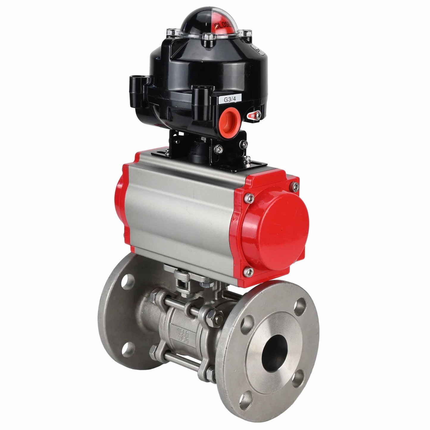 Ball valves DNOVA BV3131P(3pc)-FP-F-ISO-H flanged, full bore, three-piece, body - stainless steel SS304, seal - PTFE, with pneumatic actuator DNOVA PA-SA 065-160 pneumatic distributor 4M310- 08 220V LSU APL-510N-EX