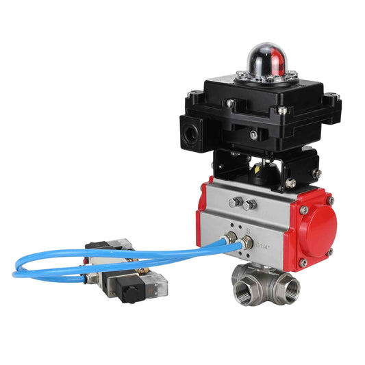 Ball valves DNOVA BV3232P(4pc)-SP-3WL-T-ISO-H,  body material - Stainless steel AISI 316, seal - PTFE / PTFE / Teflon, with pneumatic actuator double action PA-DA, 4V320-10 220V, LSU APL-410N Ex