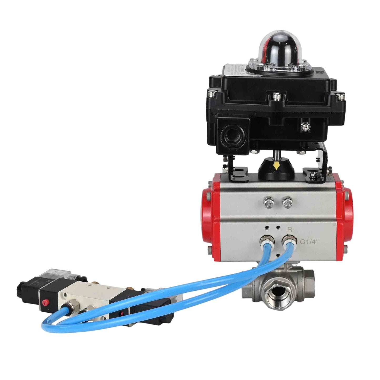 Ball valves DNOVA BV3232P(4pc)-SP-3WL-T-ISO-H, body material - Stainless steel AISI 316, seal - PTFE / PTFE / Teflon, with pneumatic actuator with return springs PA-SA, 4V320-08 220V, LSU APL-410N Ex