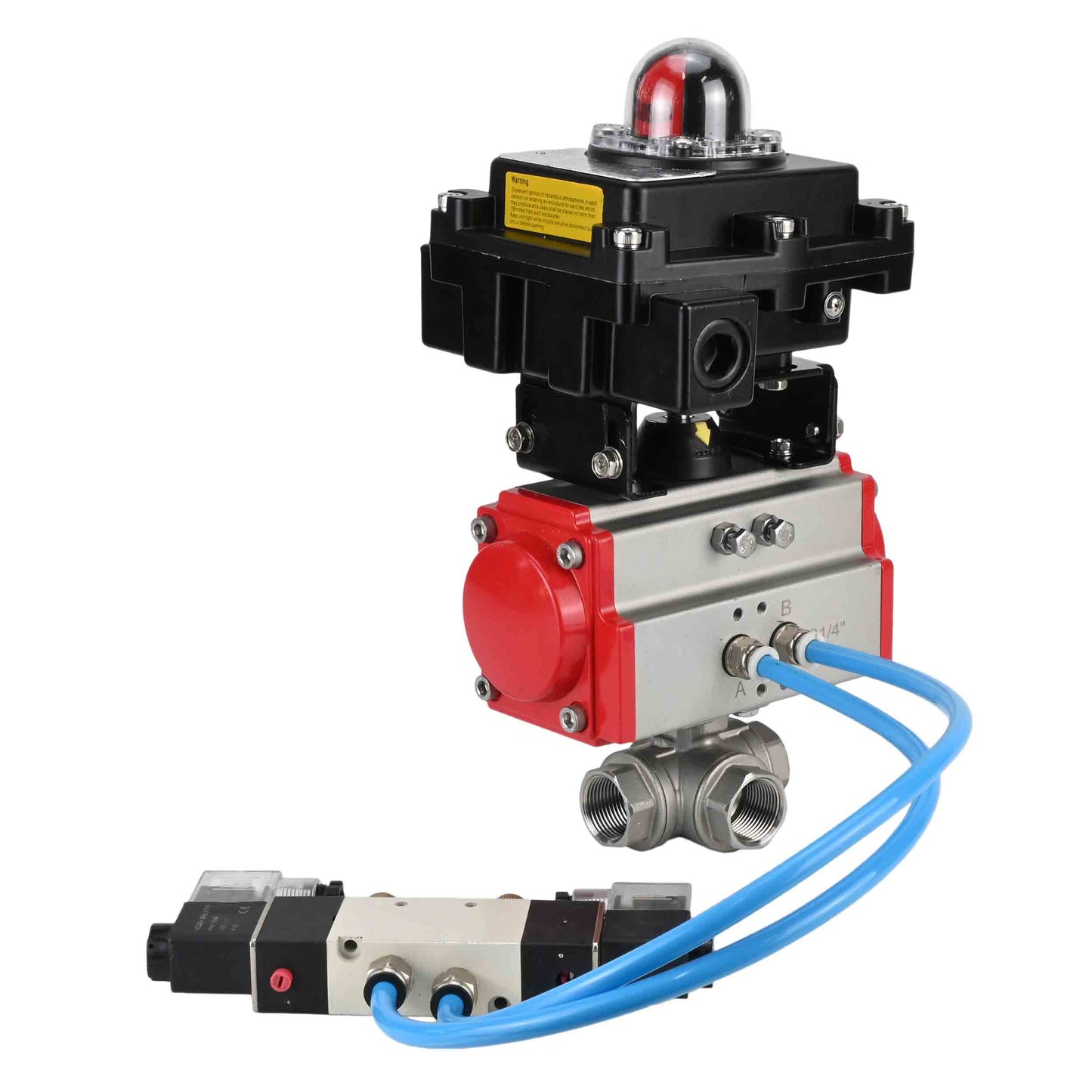 Ball valves DNOVA BV3232P(4pc)-SP-3WL-T-ISO-H, body material - Stainless steel AISI 316, seal - PTFE / PTFE / Teflon, with pneumatic actuator with return springs PA-SA, 4V320-08 220V, LSU APL-410N Ex