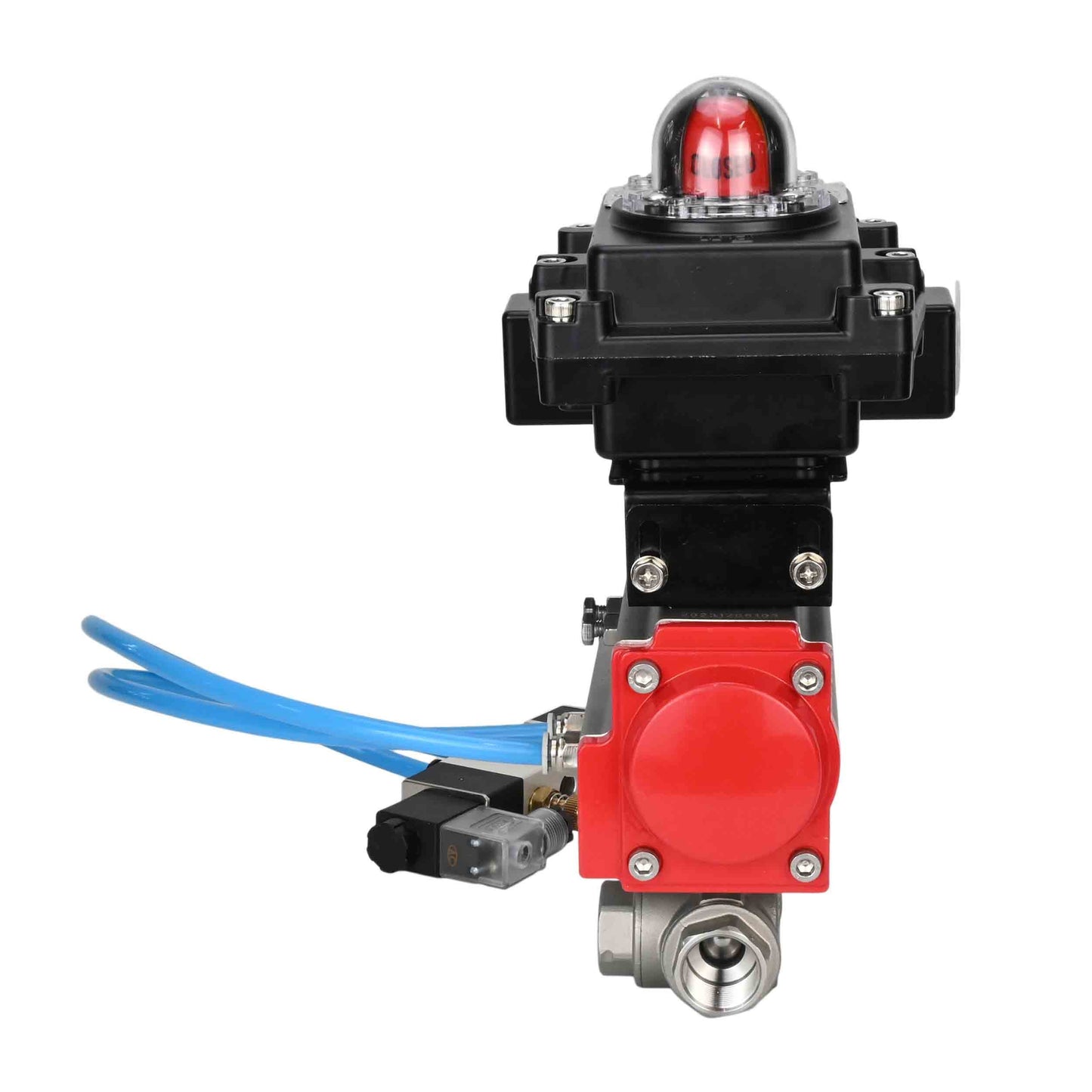 Ball valves DNOVA BV3232P(4pc)-SP-3WL-T-ISO-H, body material - Stainless steel AISI 316, seal - PTFE / PTFE / Teflon, with pneumatic actuator with return springs PA-SA, 4V320-08 220V, LSU APL-410N Ex