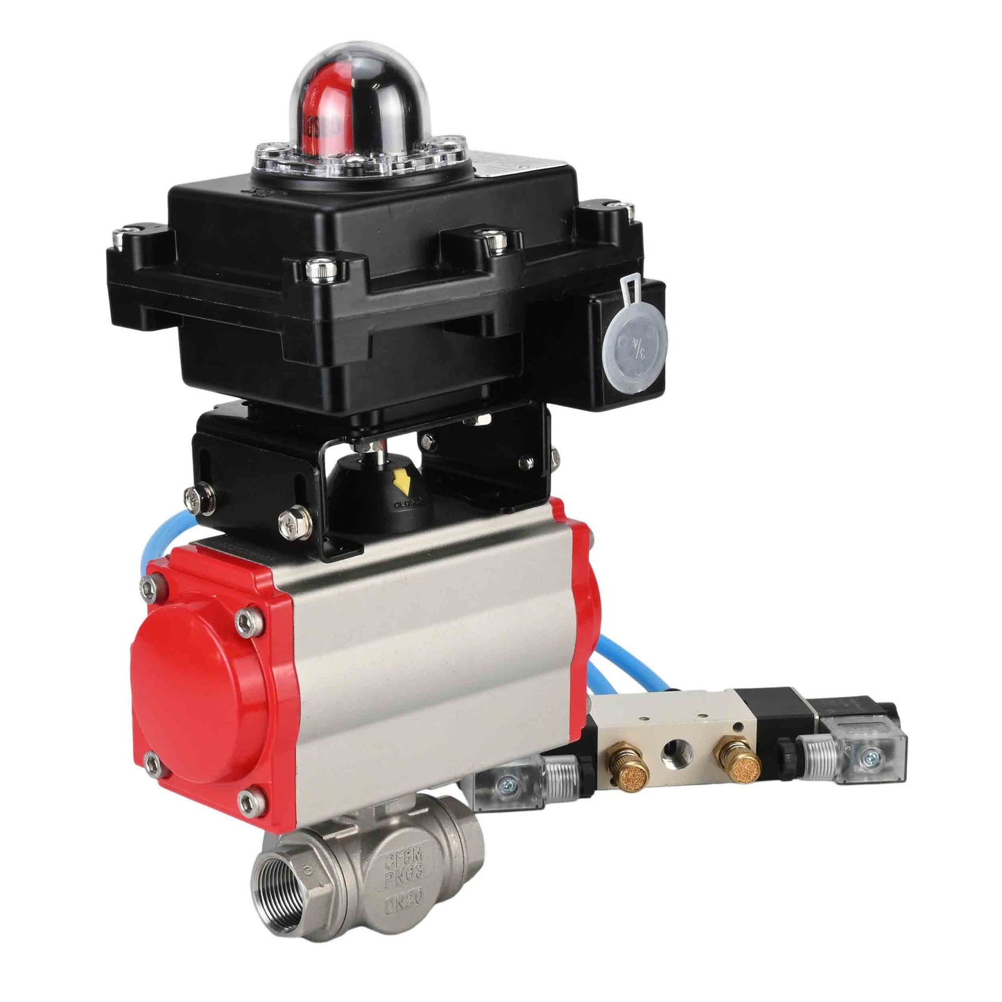 Ball valves DNOVA BV3232P(4pc)-SP-3WL-T-ISO-H, body material - Stainless steel AISI 316, seal - PTFE / PTFE / Teflon, with pneumatic actuator with return springs PA-SA, 4V320-08 220V, LSU APL-410N Ex