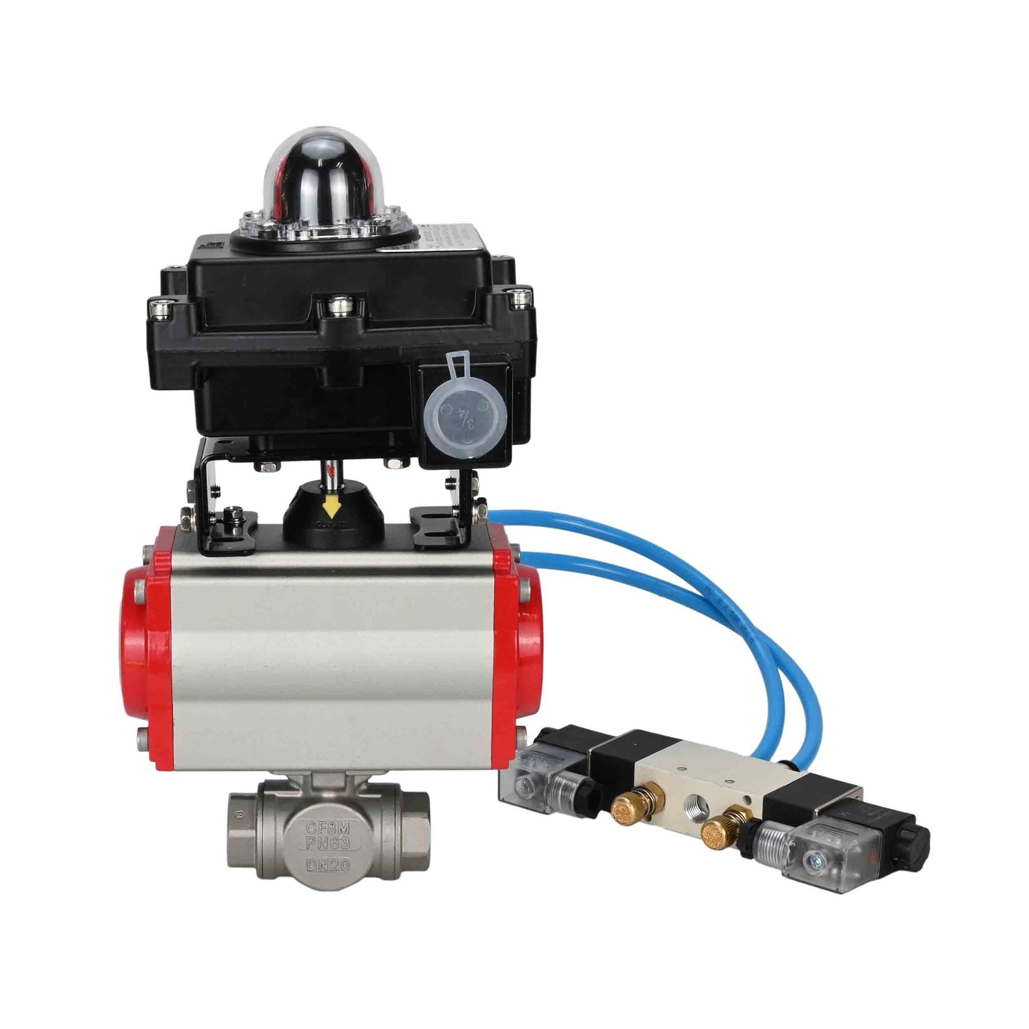 Ball valves DNOVA BV3232P(4pc)-SP-3WL-T-ISO-H, body material - Stainless steel AISI 316, seal - PTFE / PTFE / Teflon, with pneumatic actuator with return springs PA-SA, 4V320-08 220V, LSU APL-410N Ex